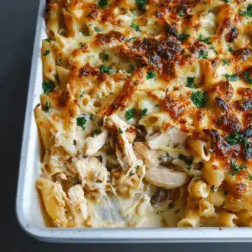 Creamy French onion chicken pasta bake