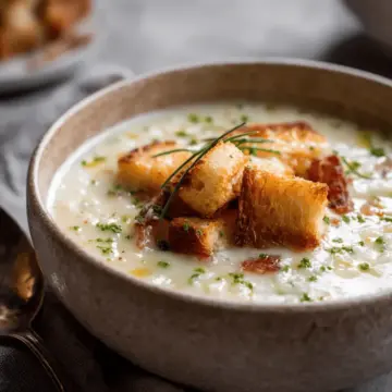 Roasted Garlic Potato Soup with Grilled Cheese Croutons