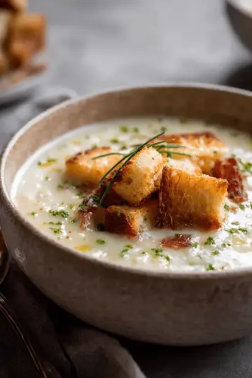 Roasted Garlic Potato Soup with Grilled Cheese Croutons