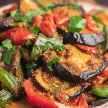 Vegan Fried Eggplant Recipe with Green Peppers and Tomatoes