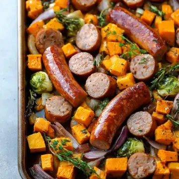 Sheet Pan Sausage and Sweet Potatoes with Honey Garlic Sauce