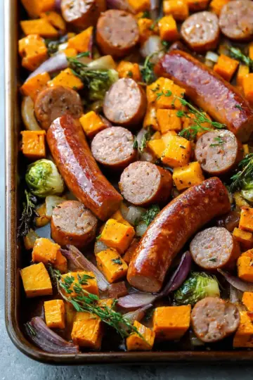 Sheet Pan Sausage and Sweet Potatoes with Honey Garlic Sauce