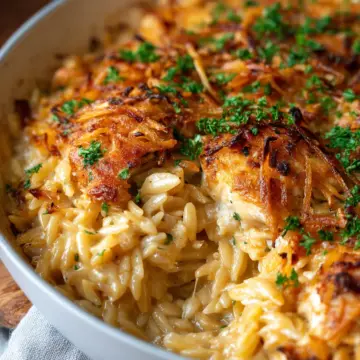 French Onion Chicken Orzo Casserole