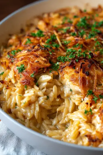 French Onion Chicken Orzo Casserole