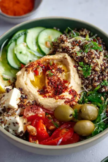 Mediterranean Bowl with Quinoa, Hummus, and Harissa