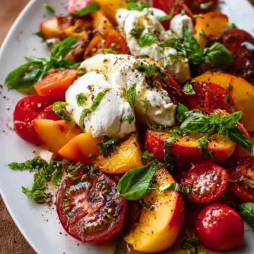 Tomato, Peach, and Burrata Salad.