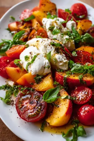 Tomato, Peach, and Burrata Salad.