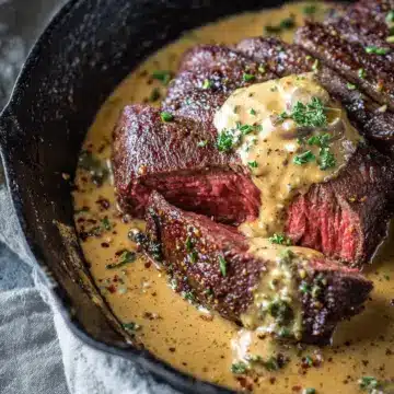 Cast Iron Bavette Steak with Whiskey Garlic Cream Sauce