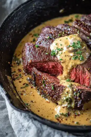 Cast Iron Bavette Steak with Whiskey Garlic Cream Sauce