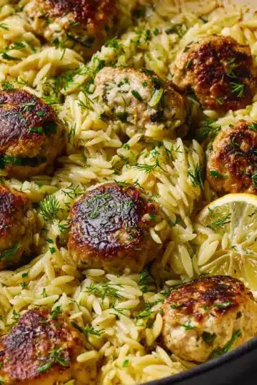 One-Pan Greek Chicken Meatballs and Lemon Orzo
